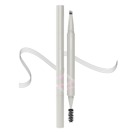 VEECCI Liquid Eyebrow Pencil, Long-lasting Waterproof Fork Tip Grey Brow Pen with Brow Brush, Double Ended - Smudgeproof and Tattoo Microblading Effect