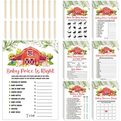 150 Pcs Watercolor Farm Animals Baby Shower Games Set 6 Games with 20 Pieces Pencils for Baby Shower Games Activities Include Baby Descriptions, Guess Who, Baby Price, Bingo Game, Word Scramble Game