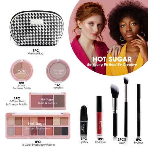 Hot Sugar All in One Makeup Kit, Makeup Set for Women, Girls Makeup Kit for Teens with Eyeshadow, Blush, Contour, Highlighter, Concealer, Lipstick, Lip Gloss, Eyeliner and Brush (Black)