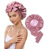 Satin Bonnet Silk Bonnet for Sleeping Silk Sleep Cap Double Layer Hair Bonnet with Elastic Tie Band for Curly Hair Night Cap (Bean Paste + Pink)