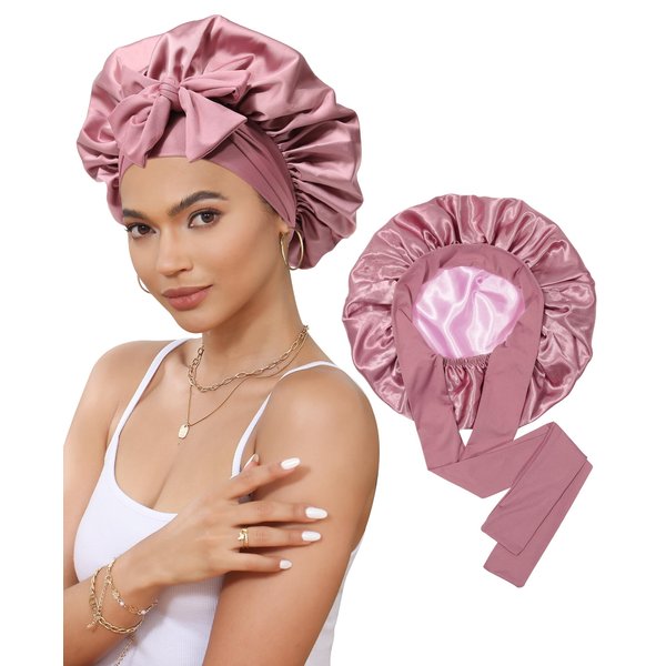 Satin Bonnet Silk Bonnet for Sleeping Silk Sleep Cap Double Layer Hair Bonnet with Elastic Tie Band for Curly Hair Night Cap (Bean Paste + Pink)