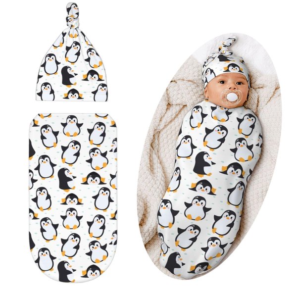 Qwalnely Swaddling Blanket for Baby, Sleeping Sacks, Unisex Baby Stuff with Hat, Penguin