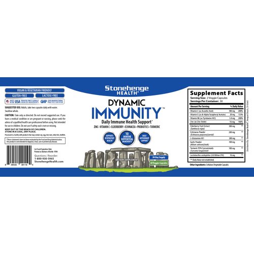 Stonehenge Health Dynamic Immunity Daily Supplement 10-in-1 Immune Boosters Zinc, Elderberry, Echinacea, Vitamin C & Probiotic L. Acidophilus – Supports Immune System & Respiratory Health, 60 Capsules