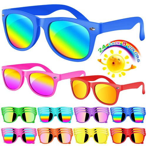 Kids Sunglasses Party Favor, Kids Sunglasses Bulk, 24 Pack Neon Party Sunglasses for Kids, Boys and Girls Age 3-8, Beach Pool Birthday Party Supplies, Goody Bag Favors,Great Gift for Kids Party Favors