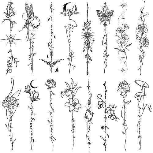 CHARLNET Temporary Tattoos for Women Girls - 45 Pcs Line Flower Words Sketch Realistic Long Last Fake Tattoos Waterproof Minimal Line Art Tattoos for Arm Backbone Leg Body
