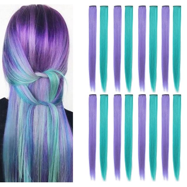 SARARHY Colored Hair Extensions Clip in 21 inch Straight Synthetic Hair Accessories Party Highlights Colorful Hairpieces for Kids Women Girls Wig Pieces 16 Pcs (Teal Lavender)