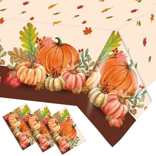 Kesfey 3 Packs Thanksgiving Plastic Tablecloths 54×108 Inch Party Tablecloths Cartoon Pumpkin Disposable Tablecloths Fall Holiday Party Decorations Waterproof and Oil-Repellent Protective Tabletop