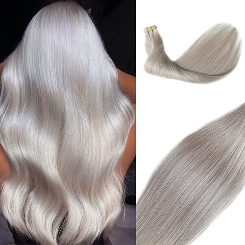 24" Long Tape in Hair Extensions Platinum Sliver 20 Pcs/70Grams Human Hair Silky Straight Seamless Skin Weft Remy Hair Tape ins Platinum Sliver 100% Real Human Hair Extensions