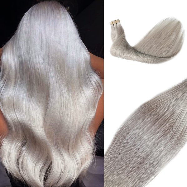 24" Long Tape in Hair Extensions Platinum Sliver 20 Pcs/70Grams Human Hair Silky Straight Seamless Skin Weft Remy Hair Tape ins Platinum Sliver 100% Real Human Hair Extensions