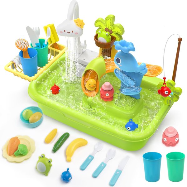 4-in-1 Kids Play Kitchen Sink Toy with Water Slide, Fishing Game, and Floating Toys (Pink)