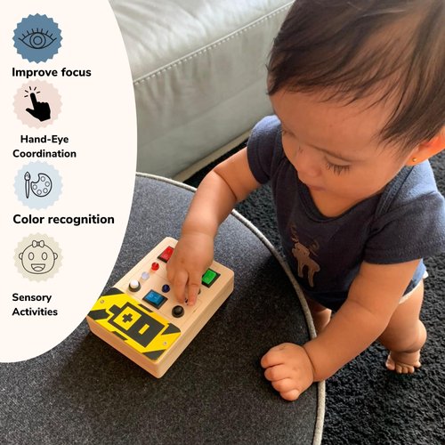 MOMENTS4EVA - Montessori Toddler Busy Board, Baby Wooden Busy Board with 8 LED Light switches, Sensory Toys Light Switch Toys Travel Toys Learning Activities for Fine Motor Skills