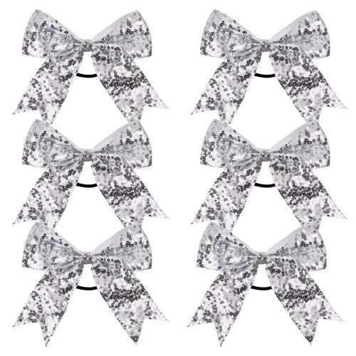 Metallic Sequin and Holographic 6 Inch Cheer Bow Cheerleader Cheerleading Jumbo Cheer Bow Hair Tie Hair Bow School… (Silver)