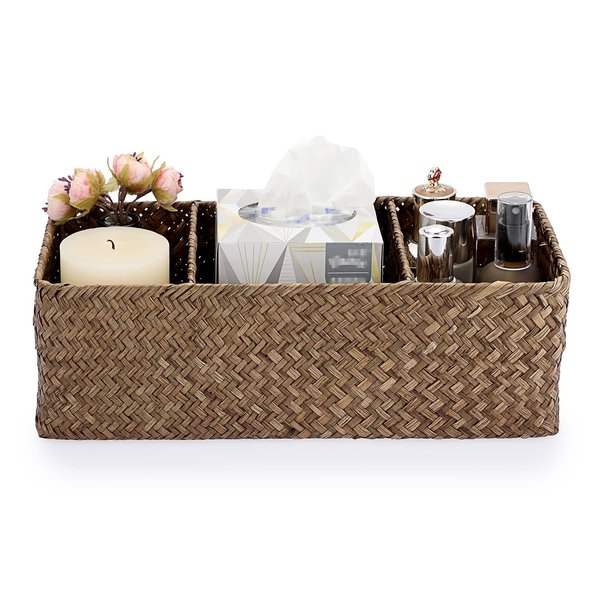 Sumnacon Bathroom Organize Basket, Seagrass Toilet Tank Basket with Section for Tissue Toilet Paper Towel Toiletries, Woven Storage Basket for Kitchen Toilet Tank Vanity Table Shelf Countertop, Coffee