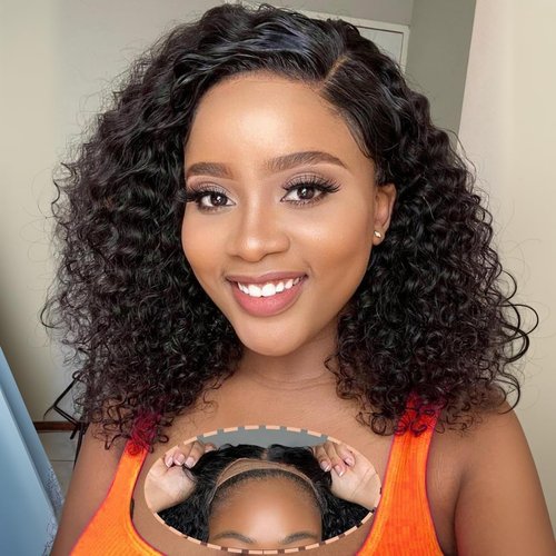 olimaruly Wear and Go Glueless Wigs Human Hair Pre Plucked Pre Cut Deep Curly Bob Wigs Human Hair for Black Women No Glue Lace Front Wigs for Beginners Short Curly Bob Human Hair Wig 10 Inch