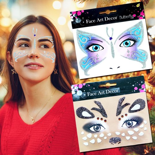 Christmas Deer Temporary Tattoos Winter Butterfly Wing Face Tattoo for Women Girls Elk Face Decals Cute Glitter Face Stickers Flash Fairy Floral Festival Birthday Animals Cosplay Party Favors 2Pcs