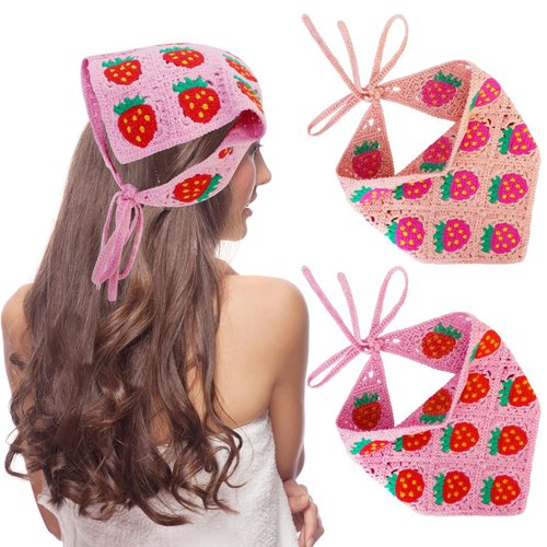 PHOGARY Strawberry Crochet Bandanas, 2 PCS Vintage Headband Crochet Head Scarf Headbands for Women, Hippie Hair Bandana, Summertime Strawberry Accessories Gift for Girls Costume