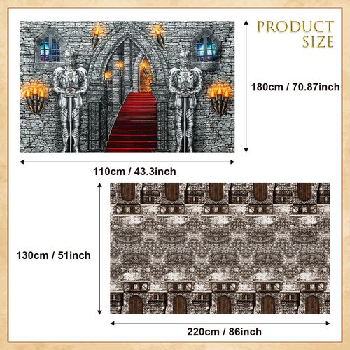 GCTWFYK 2 Pcs Medieval Party Decorations, Medieval Scene Setter Set, Castle Backdrop with Halloween Brick Stone Wall Tablecloth, Knight Themed Castle Decorations for Party Table Wall Decor