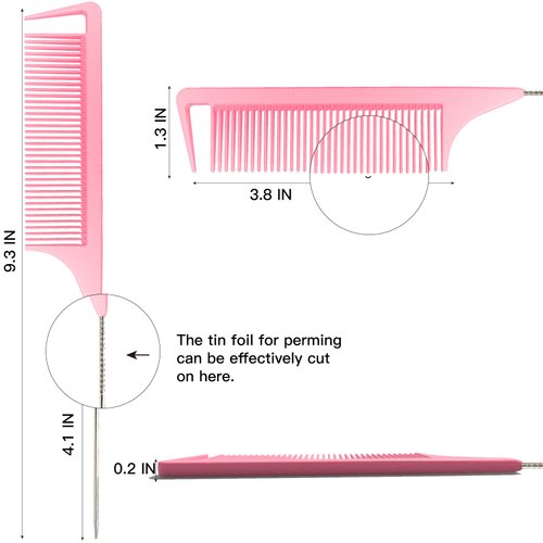 LLTGMV 9.3'' Rat Tail Comb for Hair Stylist, Parting Comb for Braiding hair, Rattail Comb with Metal Stainless Steel Pintail for Sectioning, Teasing and Styling (Pink)