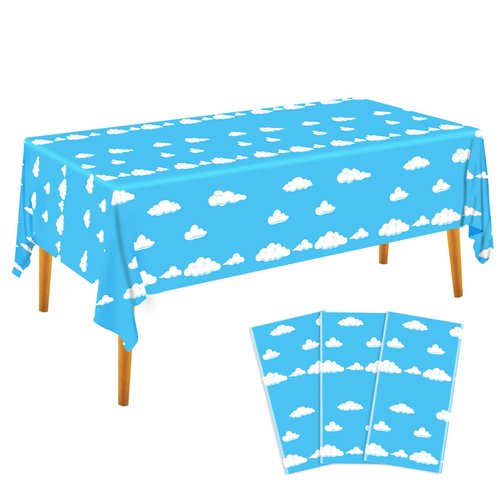 Blue Sky White Clouds Birthday Party Supplies Cartoon Story Tablecloth Party Table Cover Cartoon Table Banner for Baby Kids Shower Birthday Party Decorations, 54 x 108 Inch (3)