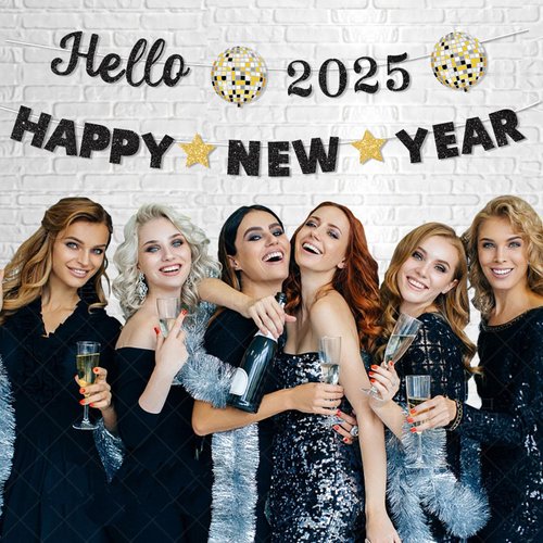 Glitter Hello 2025 Happy New Year Banner Decorations Black New Years Eve Banner Sign Party Supplies 2025 Happy New Year for Happy New Year Decorations Party Supplies 2025 Home Holiday Decorations