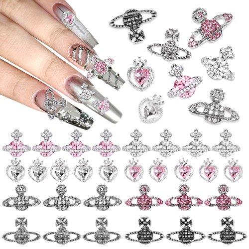 Tatiwoo 56Pcs 3D Nail Charm Gems, Pink&White Planet Heart Silver Alloy Nail Charms, Silver Planet Heart Gems Jewel Luxury Rhinestone Crystal Diamond for Nail Art Design