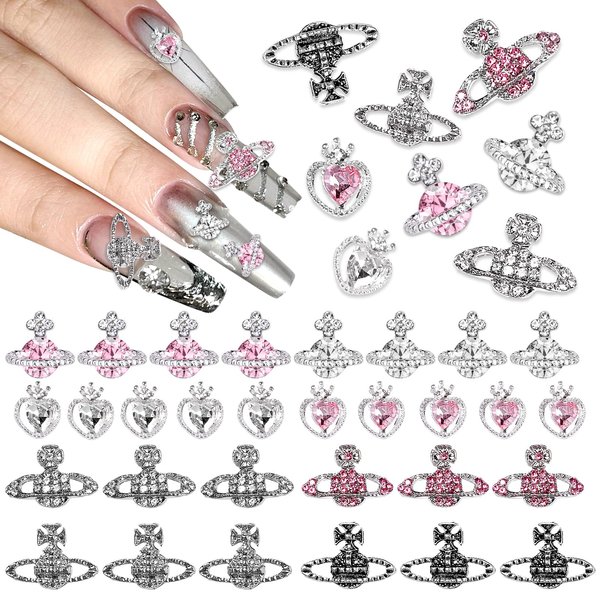 Tatiwoo 56Pcs 3D Nail Charm Gems, Pink&White Planet Heart Silver Alloy Nail Charms, Silver Planet Heart Gems Jewel Luxury Rhinestone Crystal Diamond for Nail Art Design
