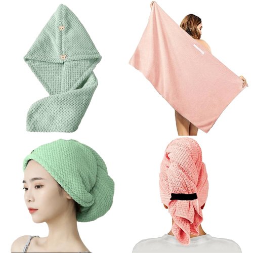 Microfiber Hair Towel Wrap for Women, 2 Piece Hair Towel Set, Microfiber Hair Towel That is Extremely ABSO, 1 Drying Towel with Elastic Band, 1 Hair Towel (Pink, Green)
