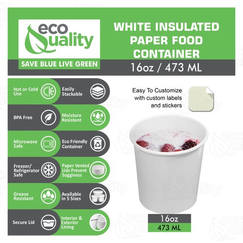 EcoQuality 16 oz Disposable White Paper Soup Containers [100 Count] - Pint Ice Cream Containers, Frozen Yogurt Cups, Restaurant, Microwavable, Take Out, to Go Deli Containers, Recyclable