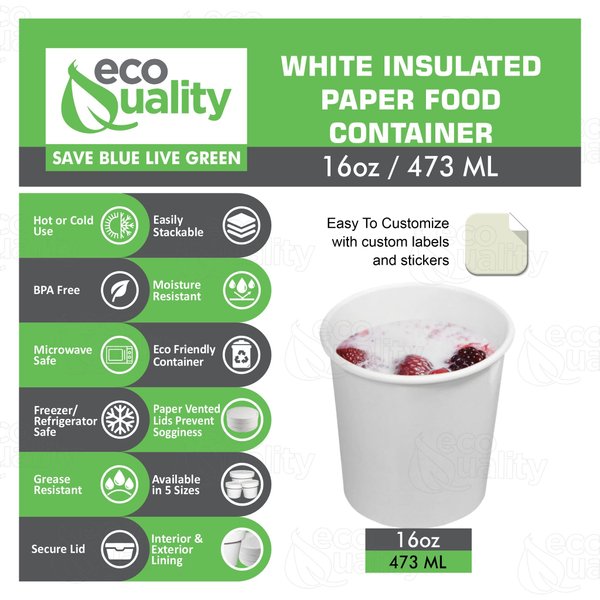 EcoQuality 16 oz Disposable White Paper Soup Containers [100 Count] - Pint Ice Cream Containers, Frozen Yogurt Cups, Restaurant, Microwavable, Take Out, to Go Deli Containers, Recyclable