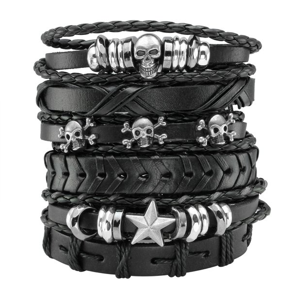 Eigso 6 Pcs Skull Leather Bracelets for Men Women Wide Punk Leather Cuff Bracelet Set for Men Women
