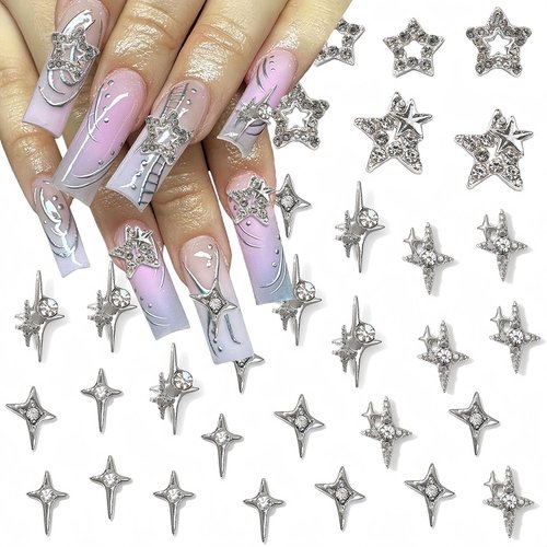 30 Pcs Star Nail Charms 3D Alloy Crystal Stars Nail Silver Star Nail Art Charms for Acrylic Nails Star Designs Nail Rhinestones Gems for Women and Girls DIY Jewelry Decoration Nail Supplies
