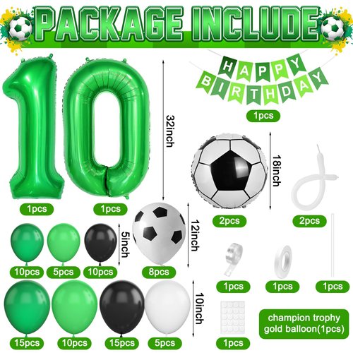 10th Birthday Soccer Balloons Arch,10th Soccer Garland Kit with Green Number 10 Balloon Football Balloons Soccer Mylar Foil Balloons for Boys Kids 10th Birthday Soccer Theme Party Decorations