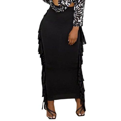 Lrady Women Fringe High Waist Bodycon Side Tassels Pencil Maxi Skirt Casual Party Club Long Skirts Black XL