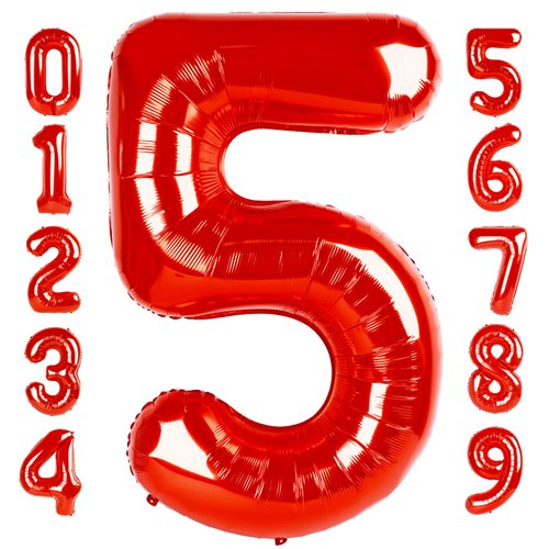 Number 5 Balloon Red 40 Inch, 5 Year Old Girl Boy Birthday Gift, 5 15 25 35 45 50th 55 Birthday A...