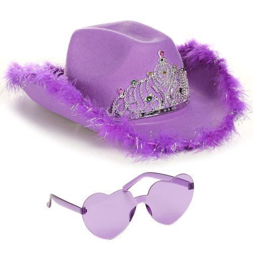 Funcredible Purple Cowboy Hat and Glasses - Preppy Cowgirl Hat with Tiara - Cowboy Hat with Feathers - Cowgirl Outfit Accessories for Women and Girls