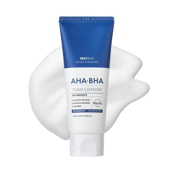 NEXTBEAU Wish Planner AHA/BHA Foam Cleanser [3.38 fl.Oz. / 100ml] AHA/BHA, Moist Foam Cleanser, Hypoallergenic Foam Cleanser, Korean Skincare