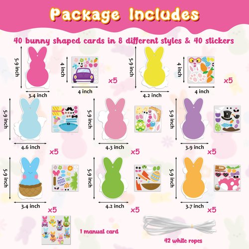 3sscha 123Pcs Easter Bunny Craft Kit for Kids - DIY Make Your Own Bunny Card Set Self-Adhesive Sticker Handmade Artwork Decoration Holiday Celebration Classroom Home Activity Gift Party Favor Supplies