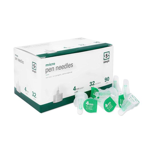 SIMPLI Insulin Pen Needles for at-Home Insulin Injections, Compatible with Most Diabetes Pens and Injection Devices, Size: Micro 4mm (5/32”) x 32G, 90 Count