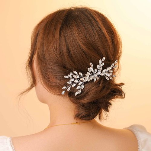Generic Bridal Wedding Hair Comb for Women Rhinestone Flower Leaves Combs Silver Vine Hairpiece Elegant Handmade Gift for Women Girls, Medium