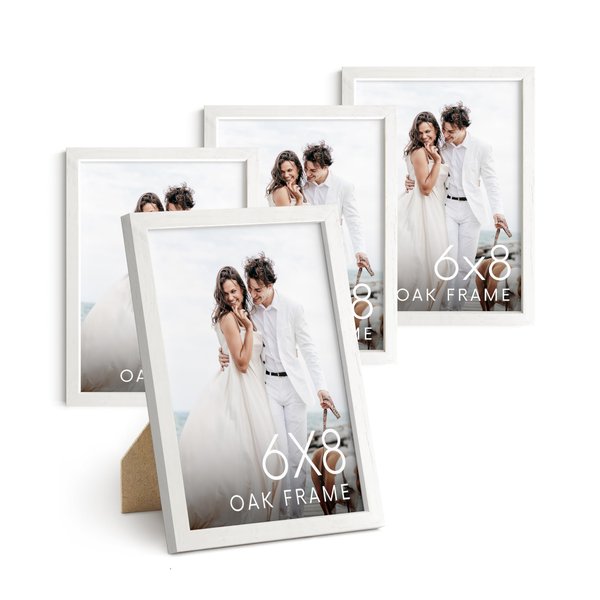 HAUS AND HUES 6x8 White Oak Wooden Picture Frame - Set of 4 6x8 Poster Frame - Premium Oak, Vertical Hang, Shatterproof Plexiglass - Ideal for Home, Room, Office (6x8-inch, White, Set of 4)