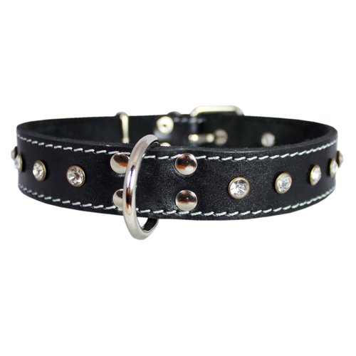 Genuine Black Leather Rhinestone Dog Collar 1"x20" Fits 14"-18" Neck