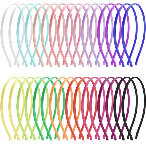 Duufin 32 Pieces Thin Satin Headbands Smooth Metal Headbands 5mm Craft DIY Headband Colorful Satin Covered Plain Headbands for Girls and Women, 16 Colors