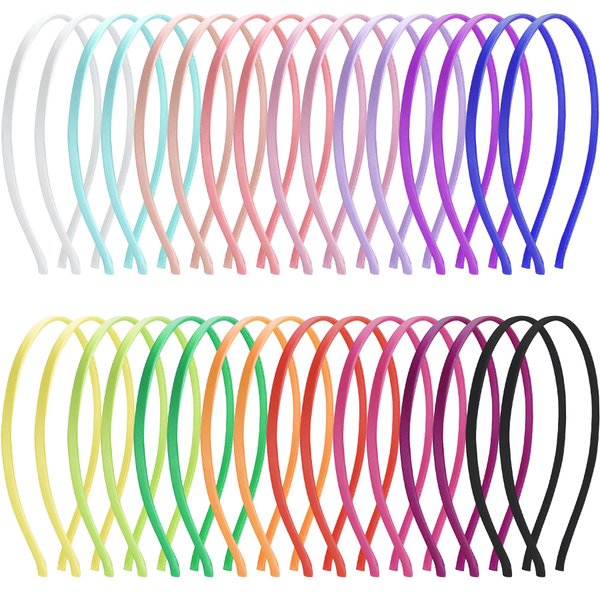 Duufin 32 Pieces Thin Satin Headbands Smooth Metal Headbands 5mm Craft DIY Headband Colorful Satin Covered Plain Headbands for Girls and Women, 16 Colors