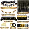 Black and Gold Birthday Party Decorations with Happy Birthday Banner, Gold Black Balloons, Birthday Tablecloth, Foil Fringe Curtains, Honeycomb Balls, Birthday Decor for Men Women
