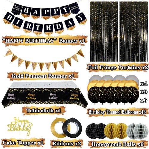 Black and Gold Birthday Party Decorations with Happy Birthday Banner, Gold Black Balloons, Birthday Tablecloth, Foil Fringe Curtains, Honeycomb Balls, Birthday Decor for Men Women
