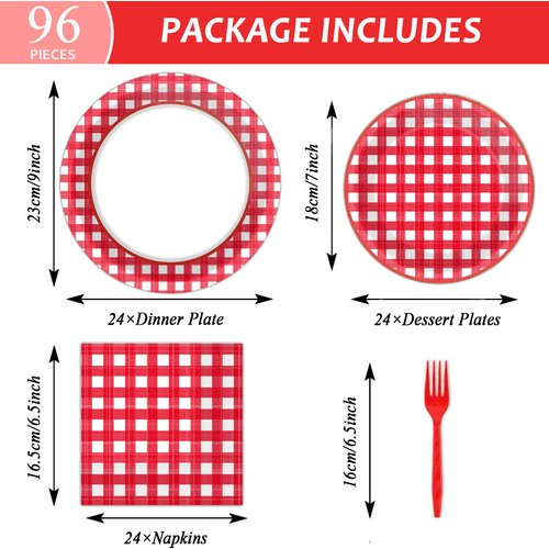 Tevxj 96 PCS Picnic Party Plates Red and White Gingham Checkered Plaid Party Tableware Barbecue Disposable Paper Plates Napkins Forks Birthday Party Decorations Supplies Favors for 24 Guests