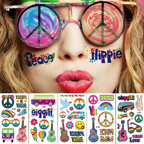 Groovy Party Temporary Tattoos, 80 Glitter Styles Hippie Party Decoration, 70s Peace Love Party Favors, Birthday Party Supplies, Hippie Party Accessories