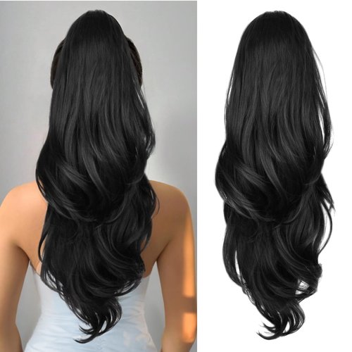 CHRSHN Ponytail Extension, 26 Inch Drawstring Ponytail Extension for Women Long Black Wavy Layered Pony Tails Hair Extensions Synthetic Clip in Ponytail Hairpiece for Women