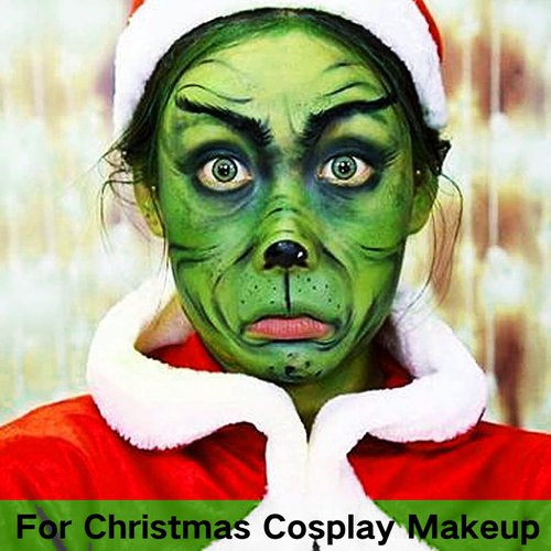 MEICOLY Christmas Makeup Kit,Christmas Green Face Paint Makeup,Wicked Witch Cosplay,Lime Green Face Paint+White Face Paint Stick+Black Eyeliner+Red Liquid Lipsticks+False Eyelash+Setting Powder+Sponge