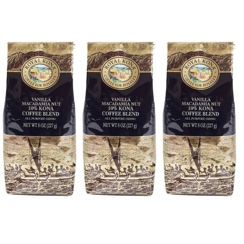 Royal Kona 10% Kona Coffee Blend, Vanilla Macadamia Flavor - Ground, 8 Ounce Bag (Pack of Three)